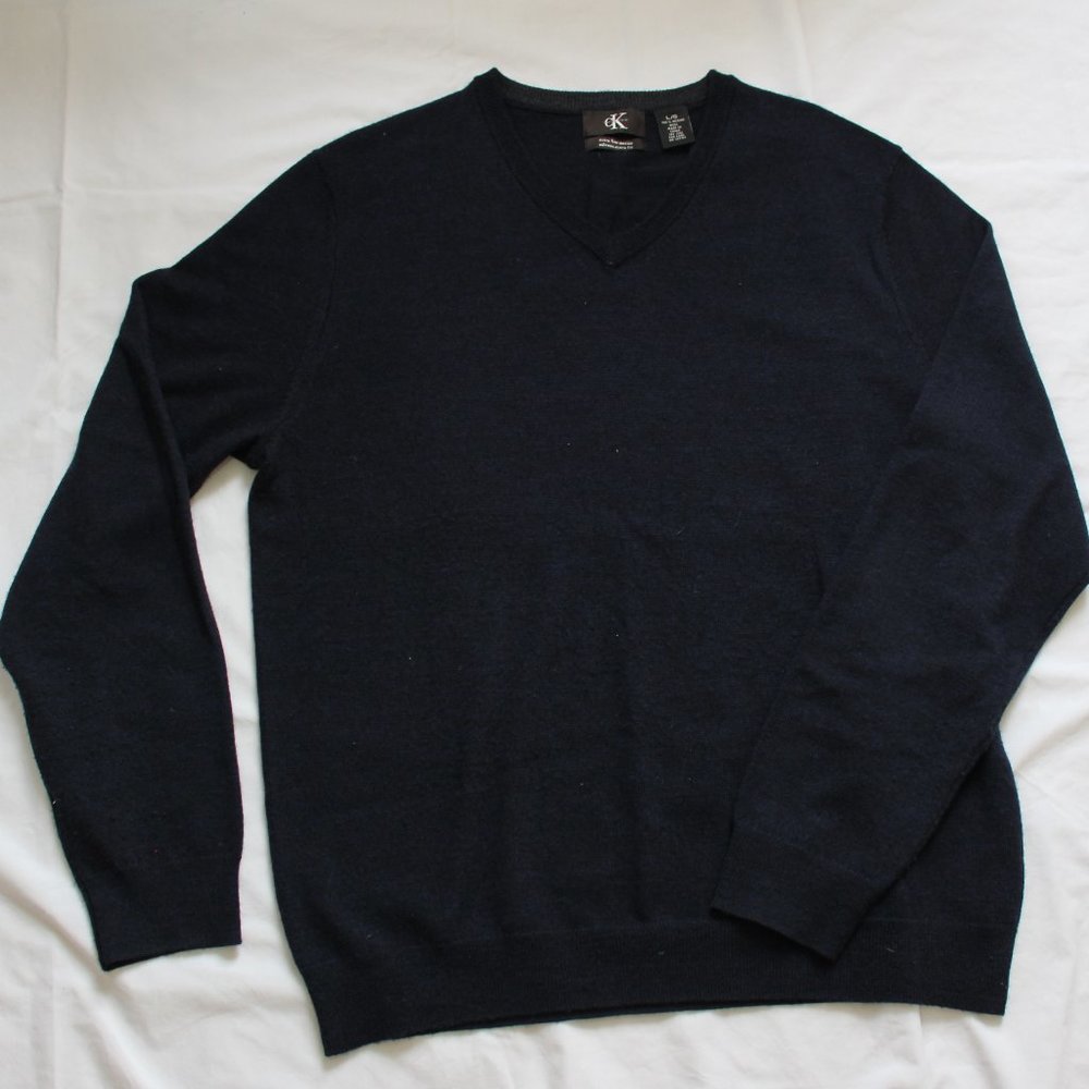 Calvin Klein Navy Blue V Neck Merino Wool Sweater